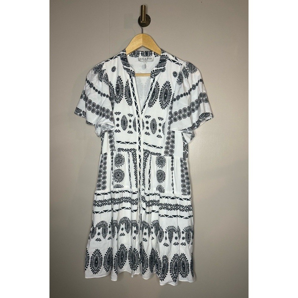 Hale Bob Hania Printed Mini Dress XS Black White Boho Viscose - Picture 2 of 11